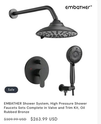 EMBATHER Black Shower Faucets Sets - Overhead Rain Head Shower System 8 Inch