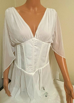 PrettyLittleThing White Chiffon Lace-Up Corset Cape Sleeve Mini Dress 10    ac01