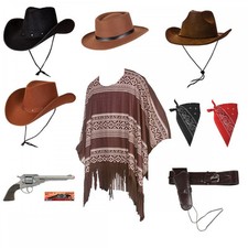 Mens Western Cowboy Brown Poncho + Wild West Accessories Stag Party Fancy Dress