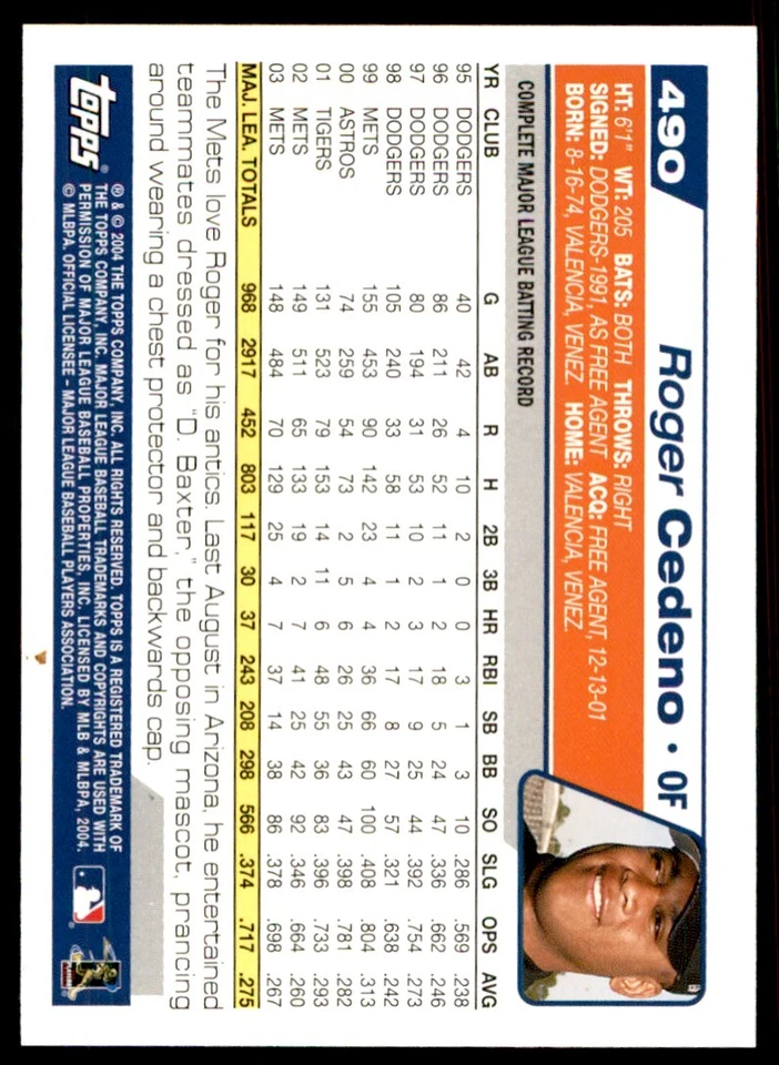 2004 TOPPS ROGER CEDENO NEW YORK METS #490 - Image 2 of 2