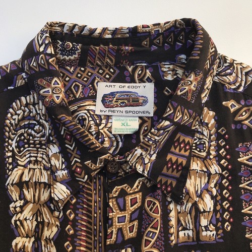 Vintage Art of Eddy Y Reyn Spooner Tiki statue camicia hawaiana rayon uomo XL USA EUC - Foto 2 di 10