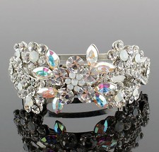 Floral White Austrian Rhinestone Hair Barrette Clip Ponytail Cuff Holder B101w