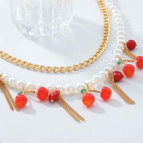 Youthful Tassels Necklace Featuring Cherrys Pendant for Casual and Party Wear - Picture 7 of 8