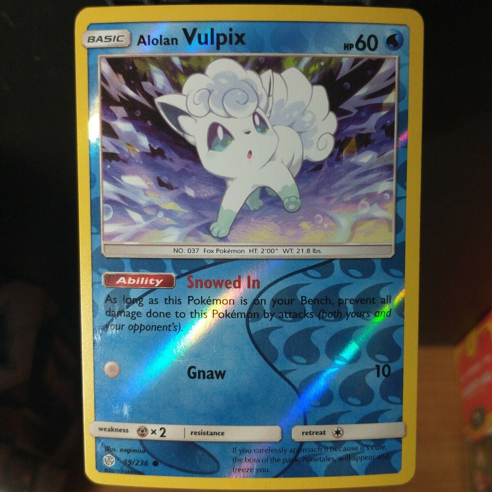 Alolan Vulpix 39/236 LP/NM Reverse Holo Cosmic Eclipse Pokemon Card snow ice fox