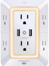 POWRUI 3-Sided Surge Protector USB Wall Charger with Night Light  Adapter Spaced