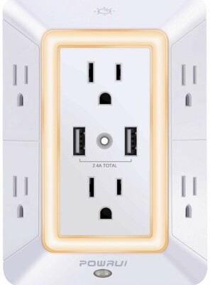 POWRUI 3-Sided Surge Protector USB Wall Charger with Night Light  Adapter Spaced