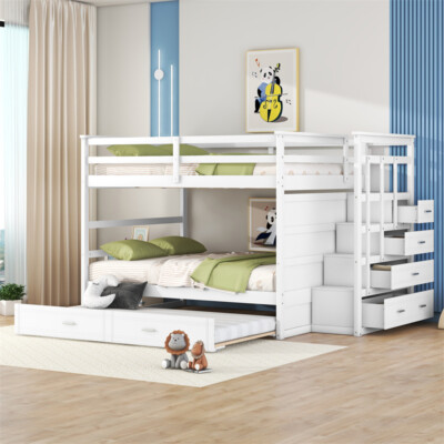Full Over Full Wood Bunk Bed w/Twin Trundle,Storage Stairs & 4 Drawers-White