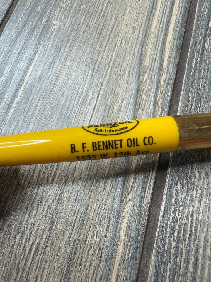 Bolígrafo Pennzoil de colección B.F. Bennet Oil Co. Denver Colo. Amarillo y dorado Foto 3 de 4