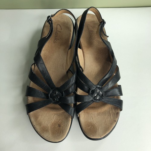 Clarks Sandals Wedges Heels Women Size 10M Black Leather Sling Back Comfort - Picture 8 of 11
