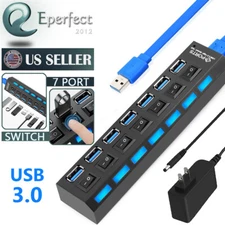USB 3.0 Hub 7 Port On/Off Switch High Speed Splitter AC Adapter Cable PC Laptop