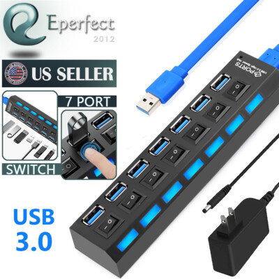 USB 3.0 Hub 7 Port On/Off Switch High Speed Splitter AC Adapter Cable ...