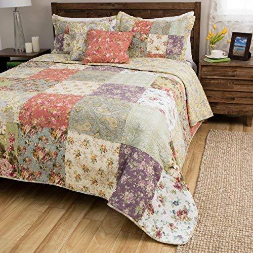 4 Piece Oversized Pink Purple blueeeeee White Twin Quilt Set Floral Patchwork Themed 4 Piece Oversized Pink Purple blueeeeee White Twin Quilt Set Floral Patchwork Themed