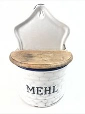 Antique Enamelware ~ German Saltbox Canister ~ White Blue Chickenwire Honeycomb