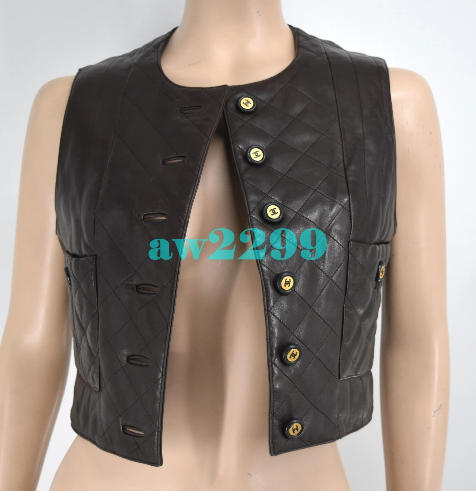 Gilet CHANEL 93A Vintage Pelle d'Agnello Trapuntato CC Top 36 38 Oggetto da Collezione Marrone