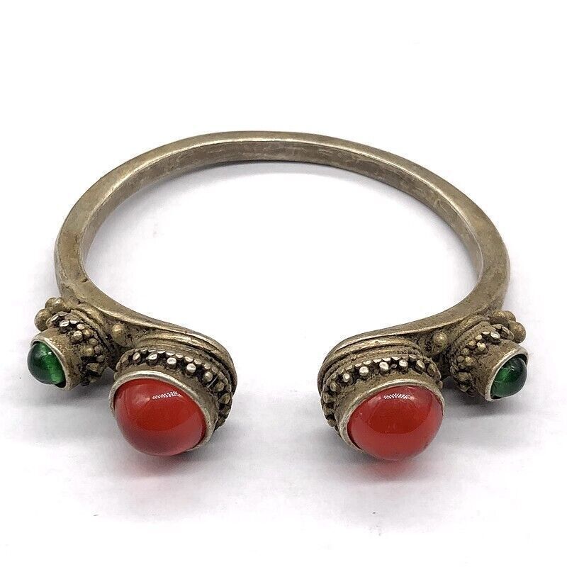 Collectible copper old tibet silver handwork inlay red green bead cuff bracelet