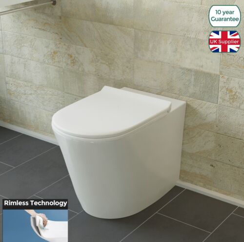Rimless Back To Wall Round Ceramic WC Toilet Pan Soft Close Seat & Cistern