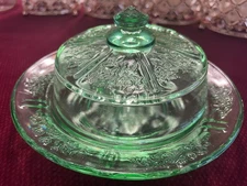 Green Depression Glass Round Butter Dish Sharon Cabbage Rose Vintage