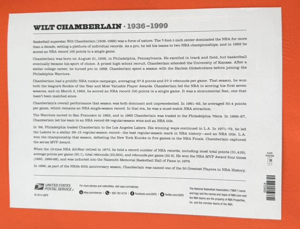 Estampilla Forever 2014 USPS Wilt Chamberlain | Hoja conmemorativa de 18 Foto 2 de 2