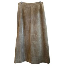 Vintage Retro Chic Tan Real Suede Leather Maxi Skirt 12 A-Line Back Vent Lined