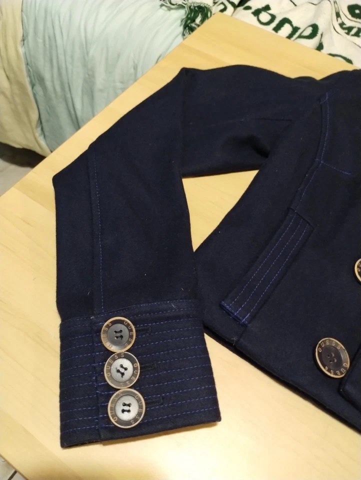 Guess Crop Pea Coat Women's Sz L Blue Lined Y2K Wool Blend Double Breast - Image 2 of 4