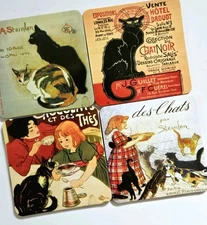 Art Nouveau Coaster Set Of 6 Cats Tournee Chat Noir Cork Back 