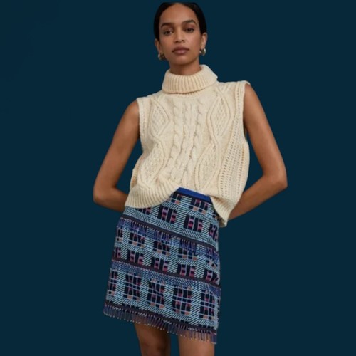 Minigonna Anthropologie Maeve con frange e perline motivo blu nuova con etichetta - taglia 0 - Foto 2 di 9