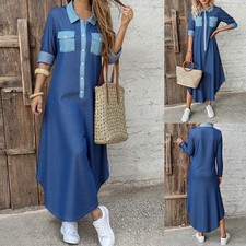 Women Colorblock Button Long Shirt Baggy Dress Casual Loose Kaftan Maxi Dresses
