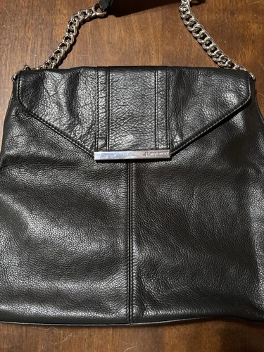 B MAKOWSKY Black Pebbled Leather Shoulder Bag Hobo Purse Tote w/ Chained Straps - Picture 3 of 12