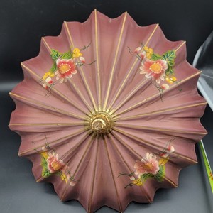 Vintage Hand Painted Asian Paper Parasol Umbrella Floral Wood Handle