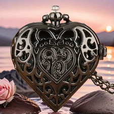 1pc Elegant Heart Shaped Necklace Quartz Pocket Watch Arabic Numerals Dial Black