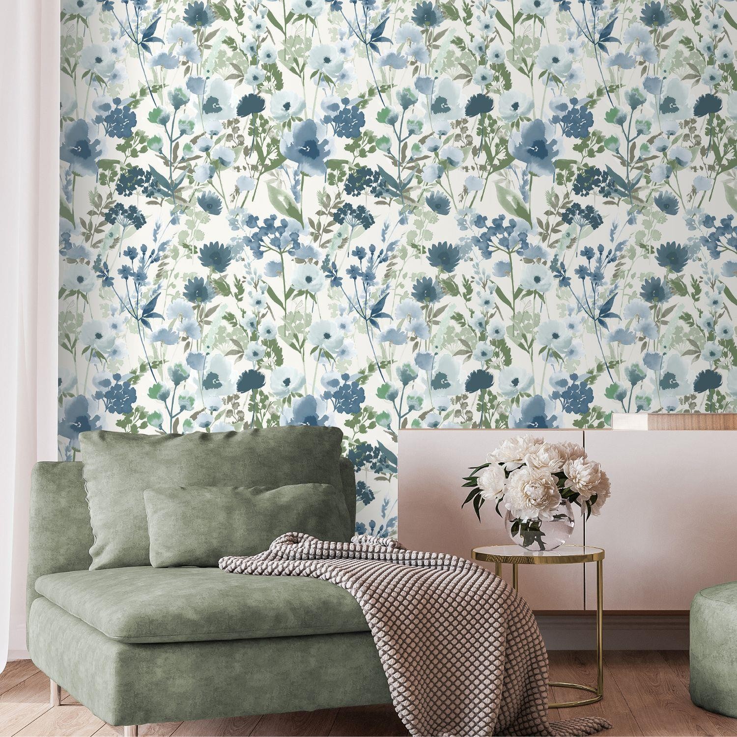 Muriva Lansfield Countryside Floral Blue Wallpaper Paste The Paper Heavyweight - Image 2