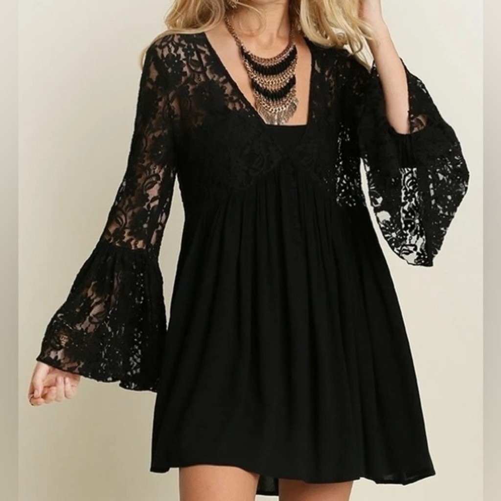 Umgee Bohemian Black Lace Bell Sleeve V Neck Dress Whimsigoth Witchy Stevie Goth