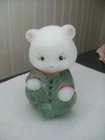 FENTON bear H.P. sugar crystals green w/ red Christmas pajamas Signed D. Cutshaw