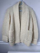 Vintage Wool Hand Made Cable Knit Greek Fisherman Sweater Large Cardigan Ivory M