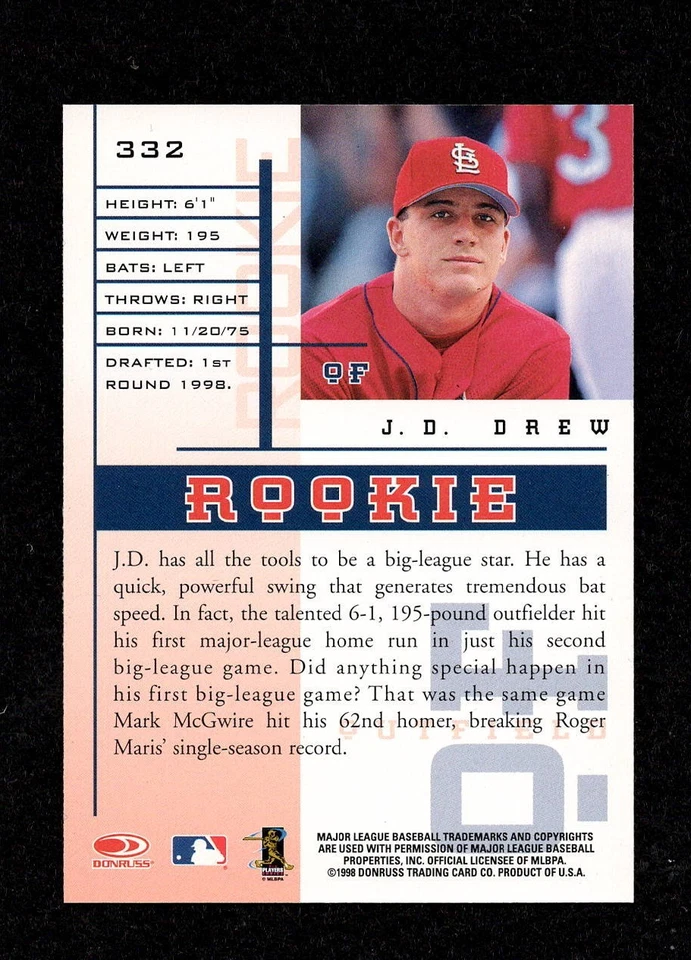 JD Drew 1998 Leaf Rookie & Stars MLB RC Card #332 (EX) - St. Louis Cardinals - Image 2 of 2
