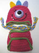 CROCHET BABY GIRL MONSTER HAT DIAPER SET knit infant toddler beanie photo prop