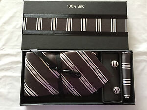 BNIB Mens 100% Pure Silk Herringbone Formal Tie Cufflinks & Kerchief Box Set