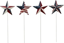 Patriotic Star Garden Stakes Set of 4, 3D Decorative Metal Barn Star Yard Art