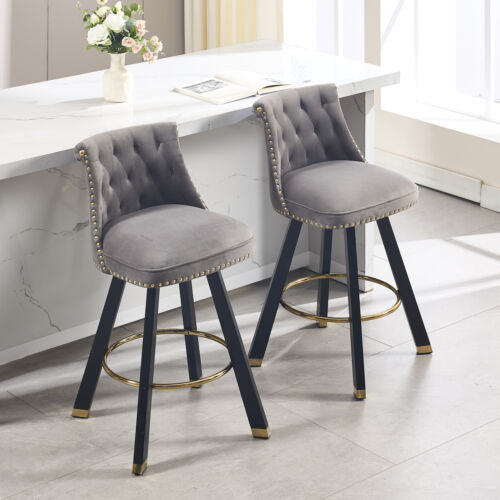 2 Set Upholstered Velvet Swivel Bar Stools 25.59" Counter Height Barstools Gray - Picture 7 of 12