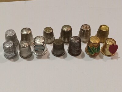 Lot of 13 Vintage Metal Gold/Silvertone Sewing Thimbles Various Sizes Ages