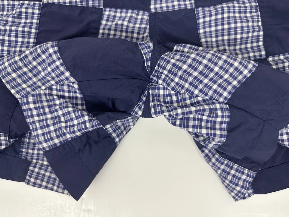 Vintage 90s LANDS END Patchwork Swim Trunks M Gingham Plaid Navy Blue Retro FLAW - Image 4 of 4