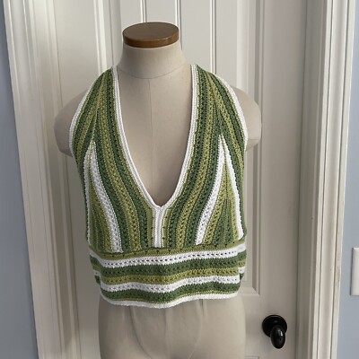 New HOLLISTER Women s XL Green Stripe Crochet Halter Top Crop Cropped BOHO