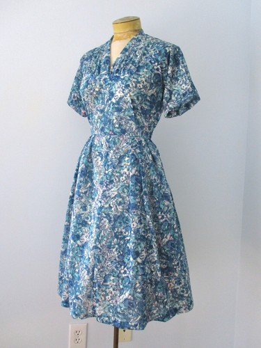 Vtg 50s 60s Blue Pink Abstract Silky Knit Rockabilly Swing Dress Nelson Caine M - Picture 2 of 7