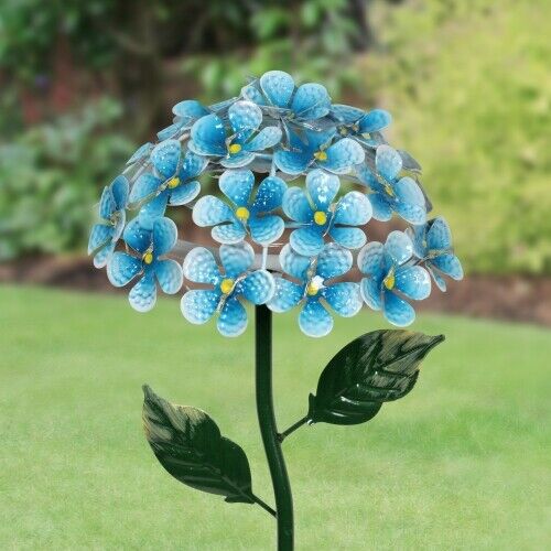 Solar Metal Hydrangea Garden Stake in Turquoise with Twenty Six LED lights, 7 by