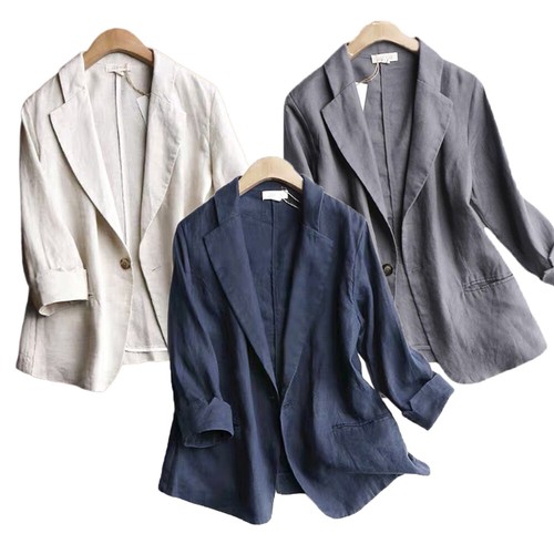 Suit Coat Linen Blazer Thin Women Cardigan Casual Slim One Button 3/4 Sleeve New - Picture 3 of 17