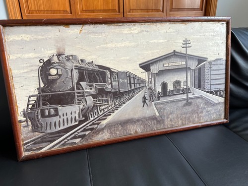 1940s RAILROAD TRAIN OIL PAINTING VILLACHUATO STATION ANTONIO GOMEZ DIAZ MEXICO - Picture 18 of 21