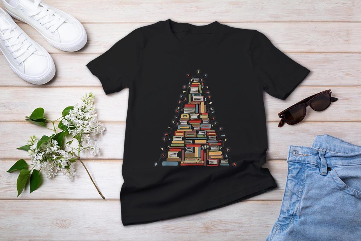 Christmas Library Tree Librarian Book Lover T-Shirt