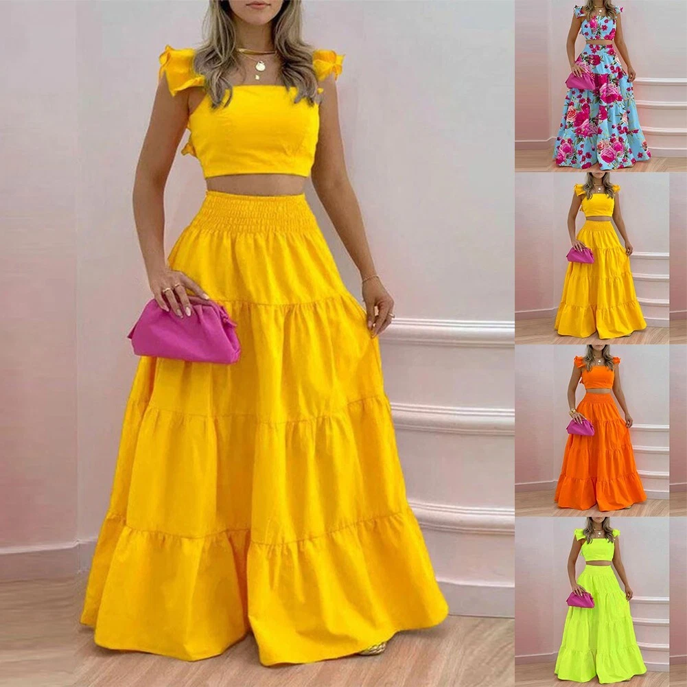 Ensemble jupe longue florale l gante pour femmes style t eBay