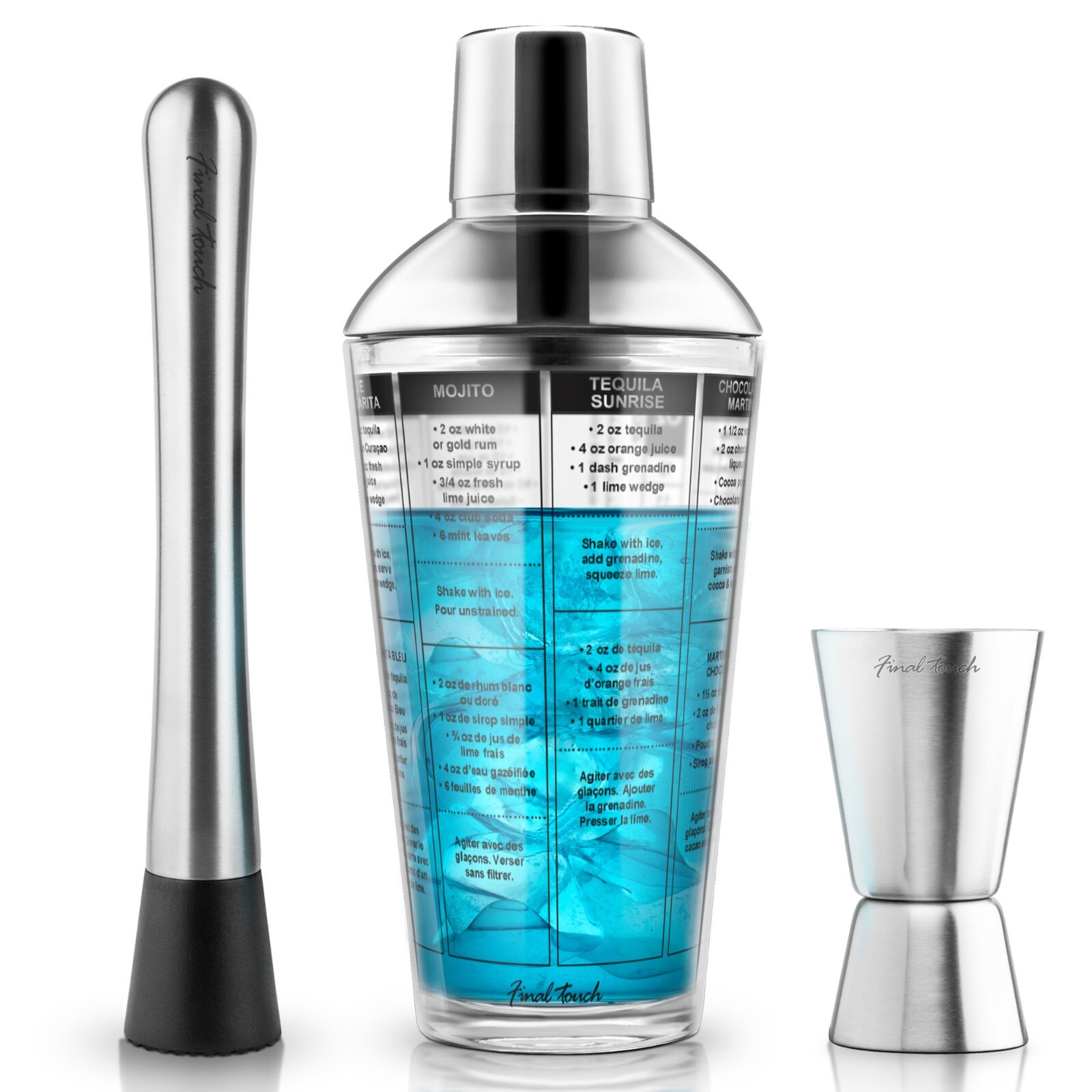 Final Touch 3 Piece Bar Tools Set - Recipe Cocktail Shaker, Muddler & Jigger
