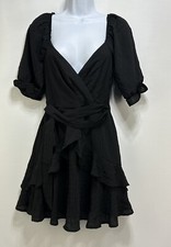 NEW Francesca’s Women's Small Black Faye Ruffle Mini Dress V Neck Tie A6